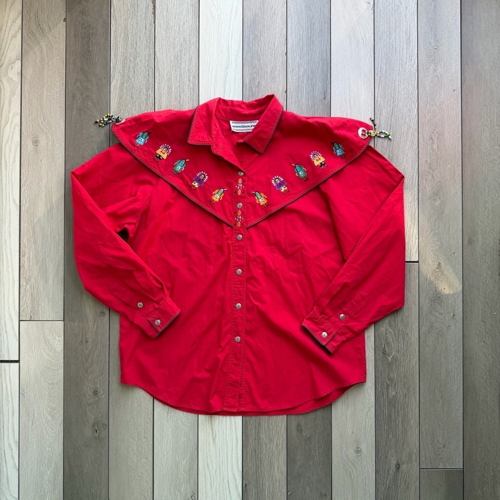 VTG 90s Westbound Native American Embroidered Beaded Conchos Western Blouse